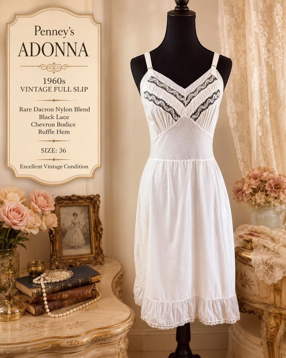 Vintage 60s Penney's Adonna Full Slip: Black Lace Chevron Bodice, Dacron Rare 36